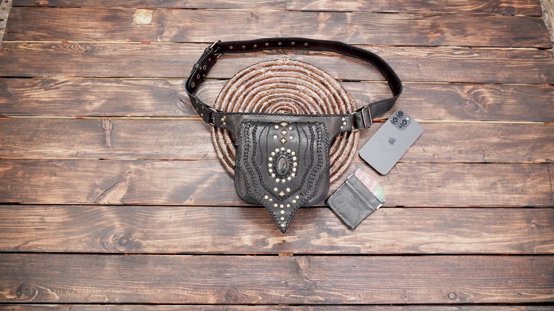 Western-style studded leather waist pouch for festivals