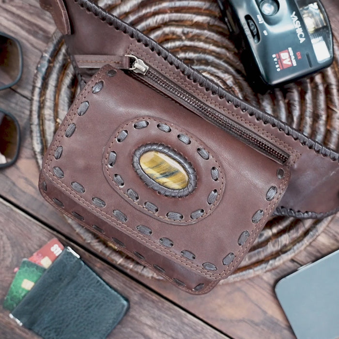 Handmade Leather Belt Bag: Gemstone Accent, Festival Fanny Pack