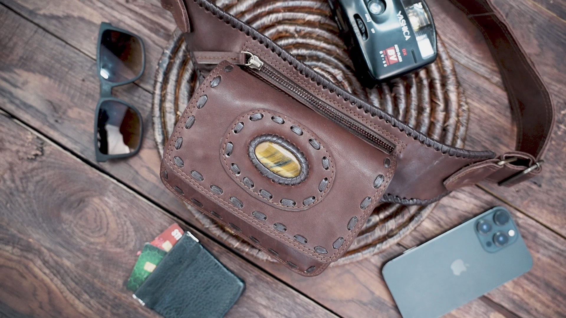 Handmade Leather Belt Bag: Gemstone Accent, Festival Fanny Pack