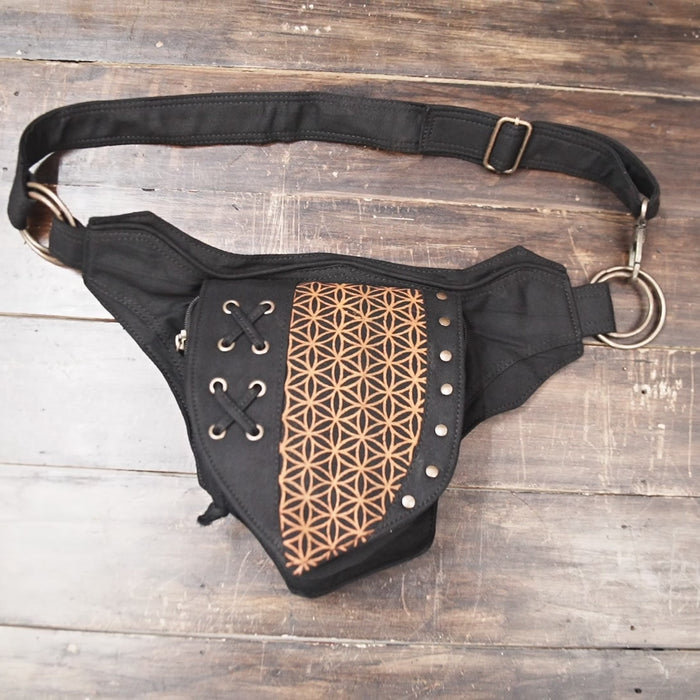 Black Cotton Utility Pouch with Adjustable Strap and Bohemian Design