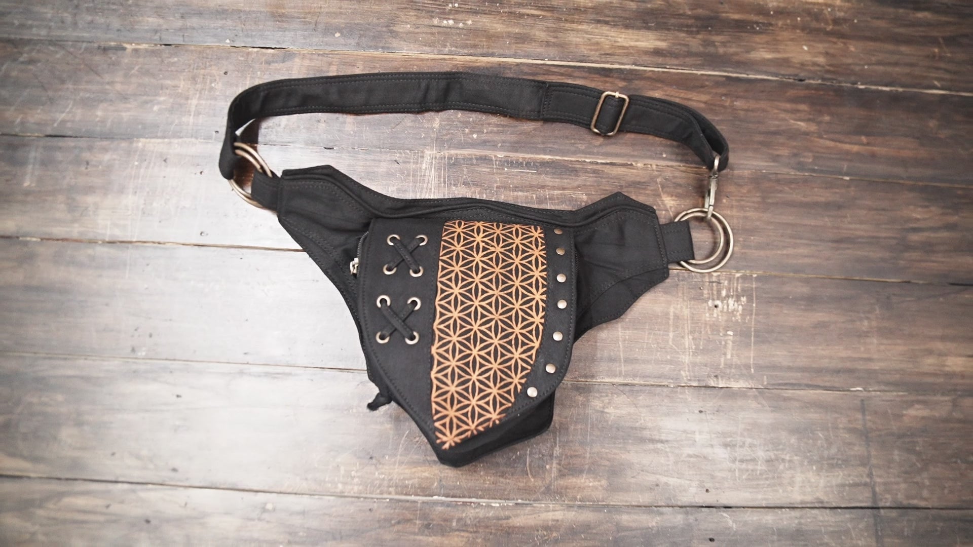 Black Cotton Utility Pouch with Adjustable Strap and Bohemian Design