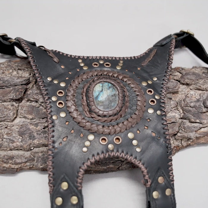 Handmade leather shoulder holster with natural stone centerpiece