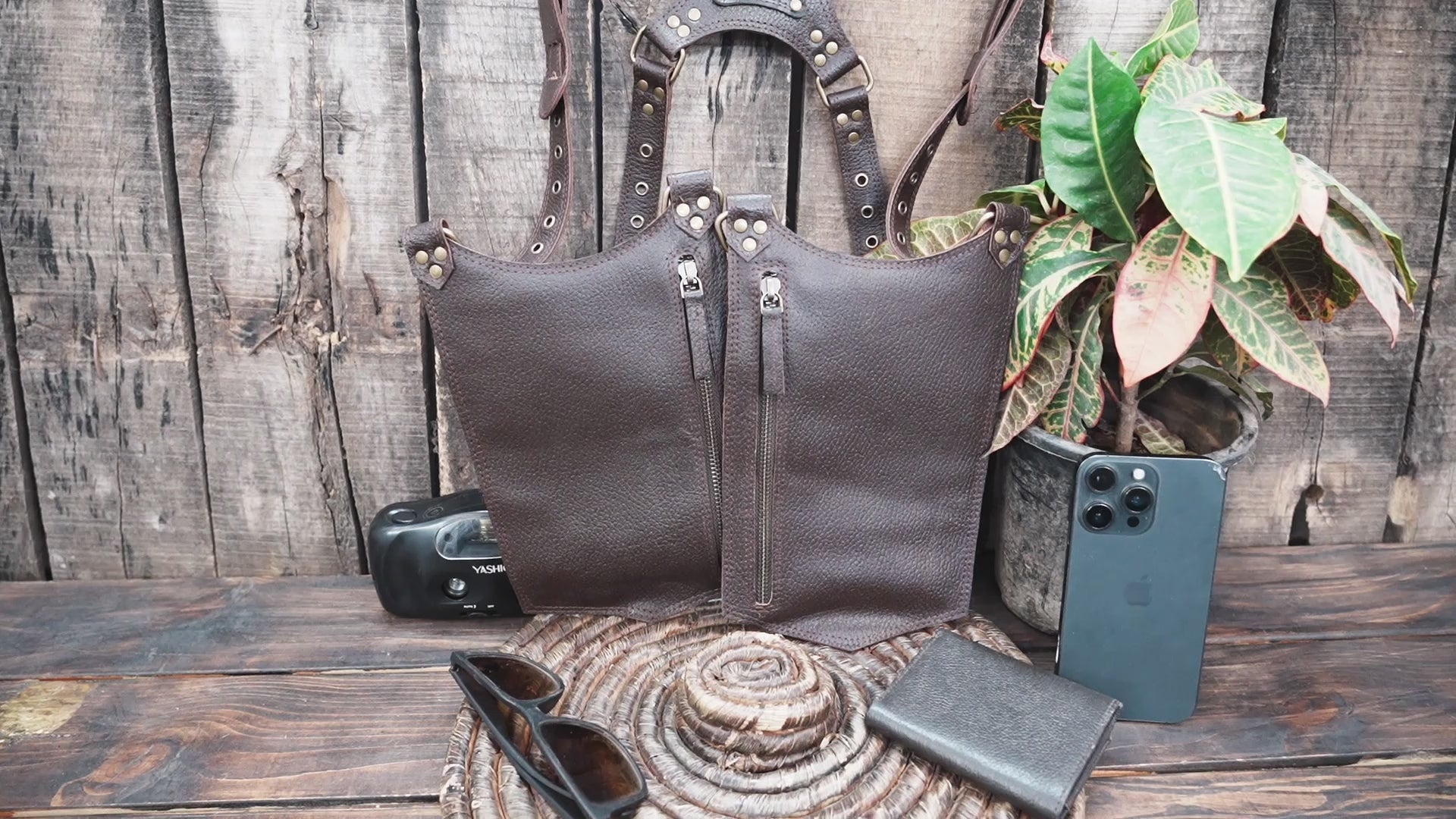 genuine leather holster harness with zippered pockets