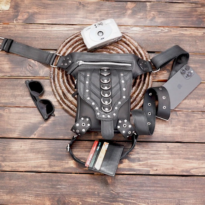 Steampunk Waist Bag Fanny Pack Fashion Gothic Leather Shoulder Crossbody Messenger Bags Thigh Leg Hip Holster Purse Travel WITH FRONT ZIPPER 