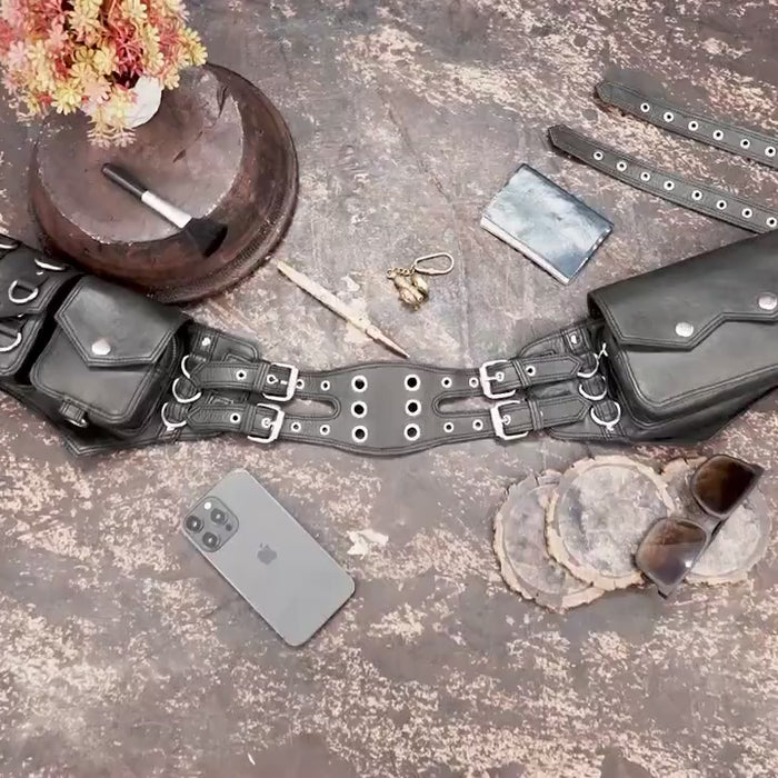 Gothic leather waist bag belt with multiple buckle details