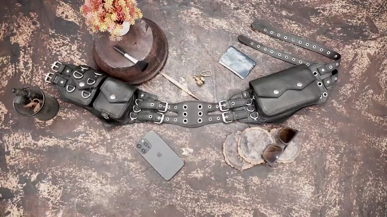 Gothic leather waist bag belt with multiple buckle details