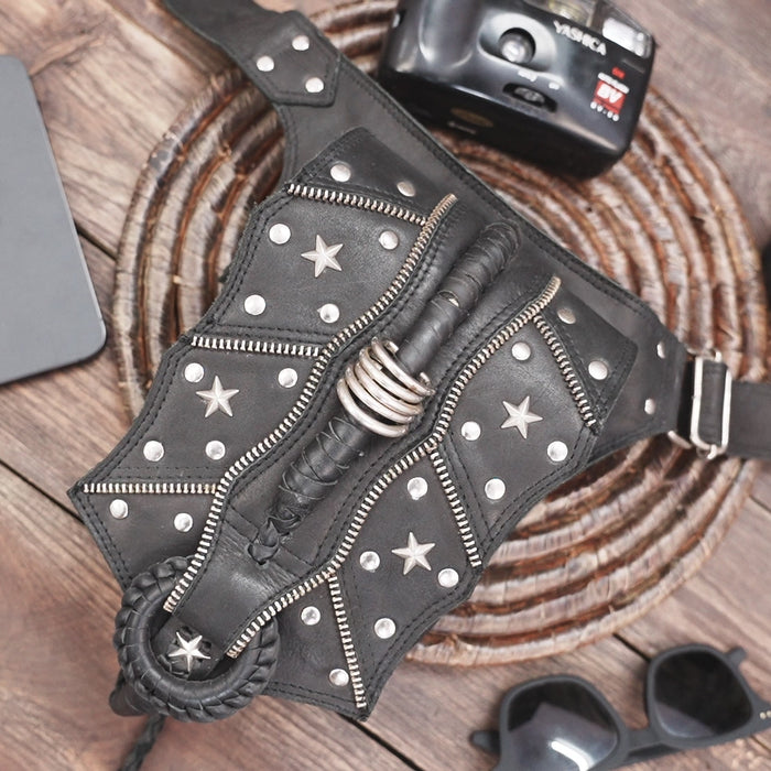 Genuine Leather Fringe Belt Bag: Boho Festival Waist Bag with star 