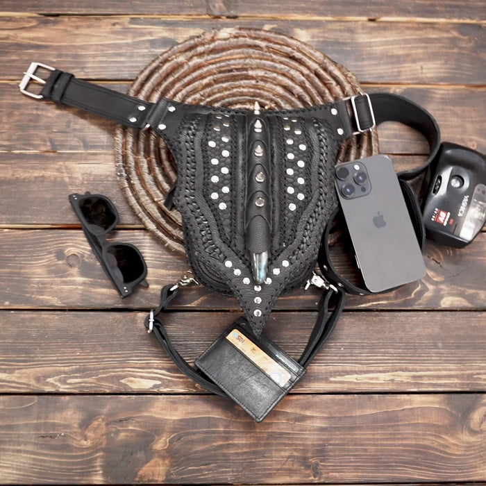 Men's Women's Genuine Leather Bag Leg Bag Motorcycle Leg Bag Black Rivets with small thinks storage 