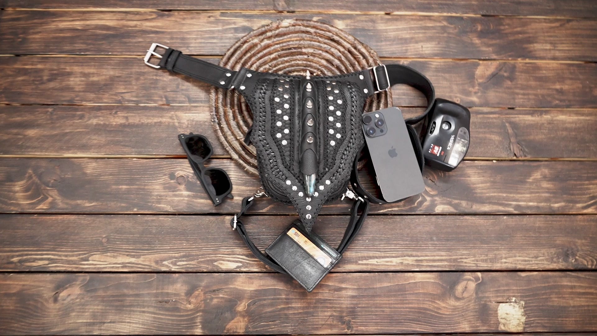 Men's Women's Genuine Leather Bag Leg Bag Motorcycle Leg Bag Black Rivets with small thinks storage 