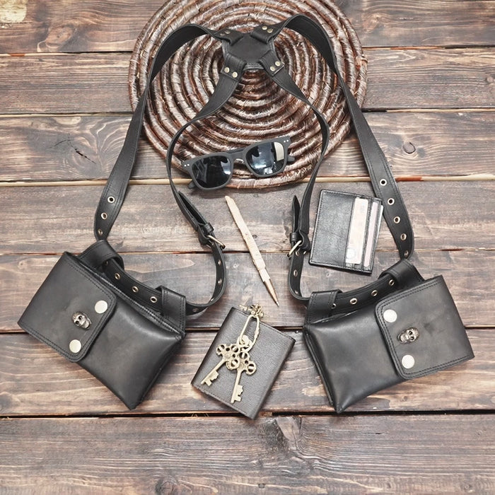 Back view of black leather holster bag with adjustable straps