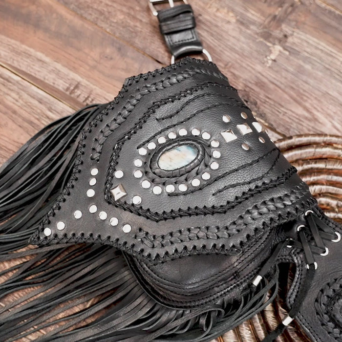 Burning Man style leather belt bag with gemstone accents