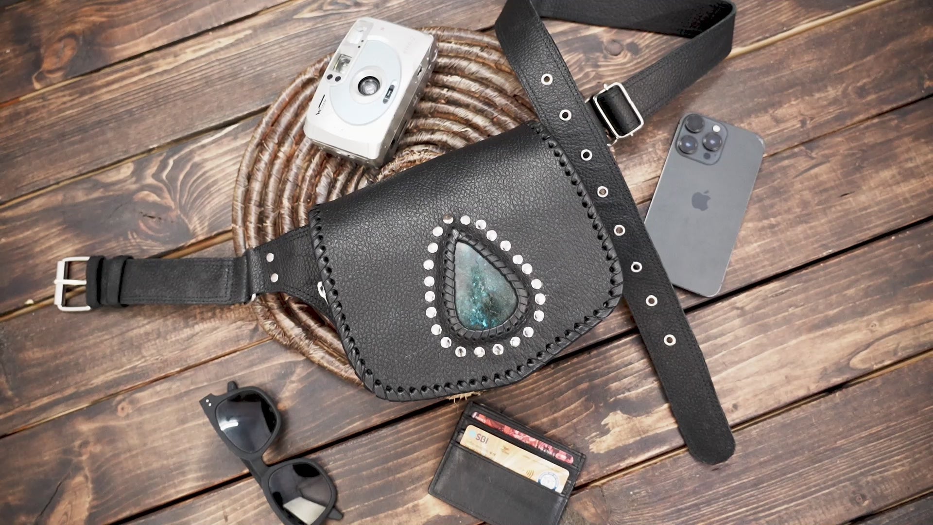 Buy Handmade Black Leather Belt Bag: Gemstone Fanny Pack, Tribal Boho Style Online in usa