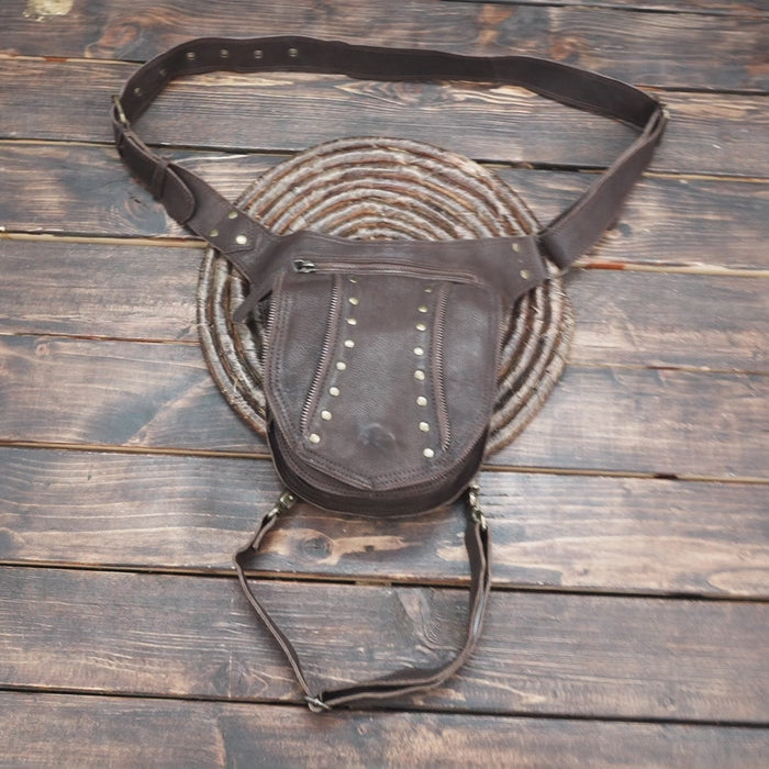 Handmade leather hip bag with adjustable waist and leg straps