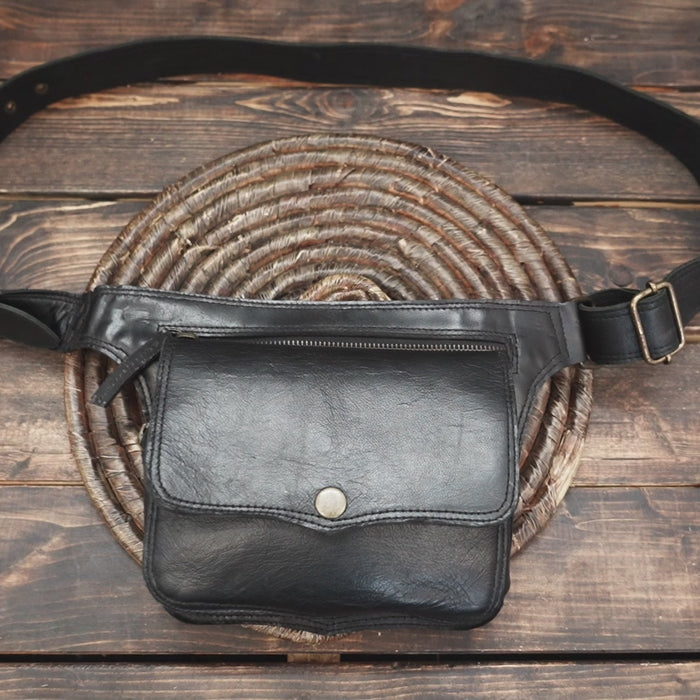 Genuine leather hip pouch with front snap pocket and adjustable strap