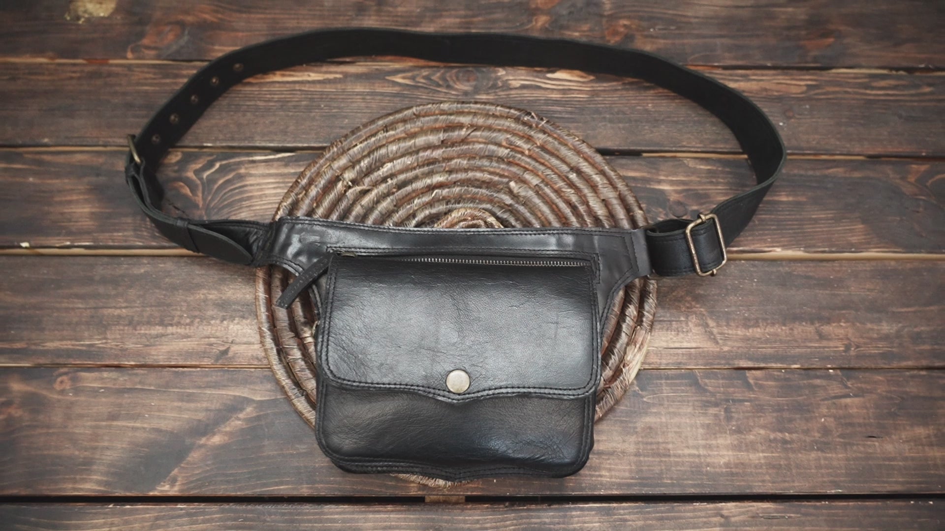 Genuine leather hip pouch with front snap pocket and adjustable strap