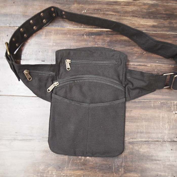 Adjustable black cotton festival belt pouch for travel and outdoor use