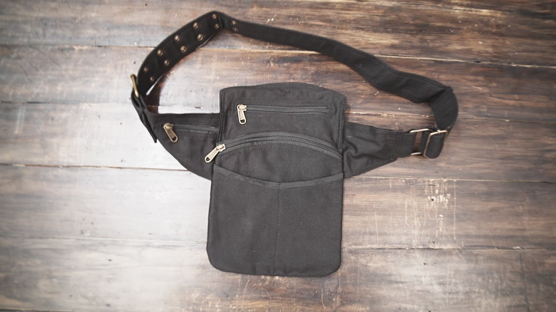Adjustable black cotton festival belt pouch for travel and outdoor use