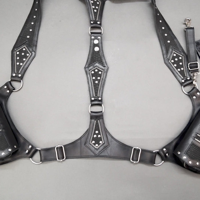 Genuine leather shoulder holster harness with dual pouches