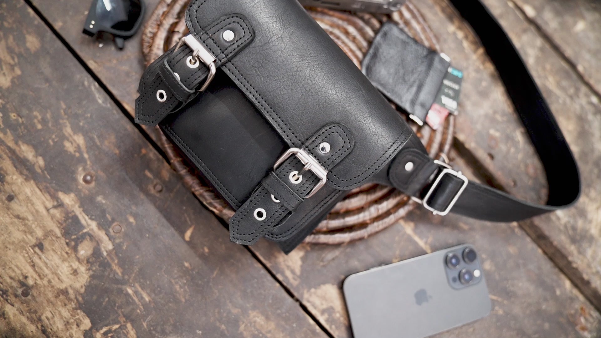 Genuine leather waist belt with adjustable strap and metal buckle