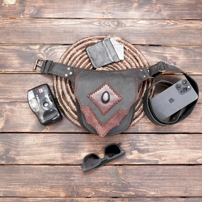 Handmade Leather Waist Pouch with Gemstone – Steampunk & Gothic Belt Bag