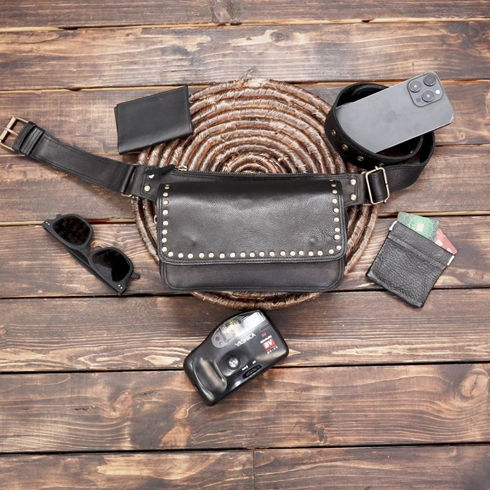 Gothic-style studded leather hip bag for alternative fashion