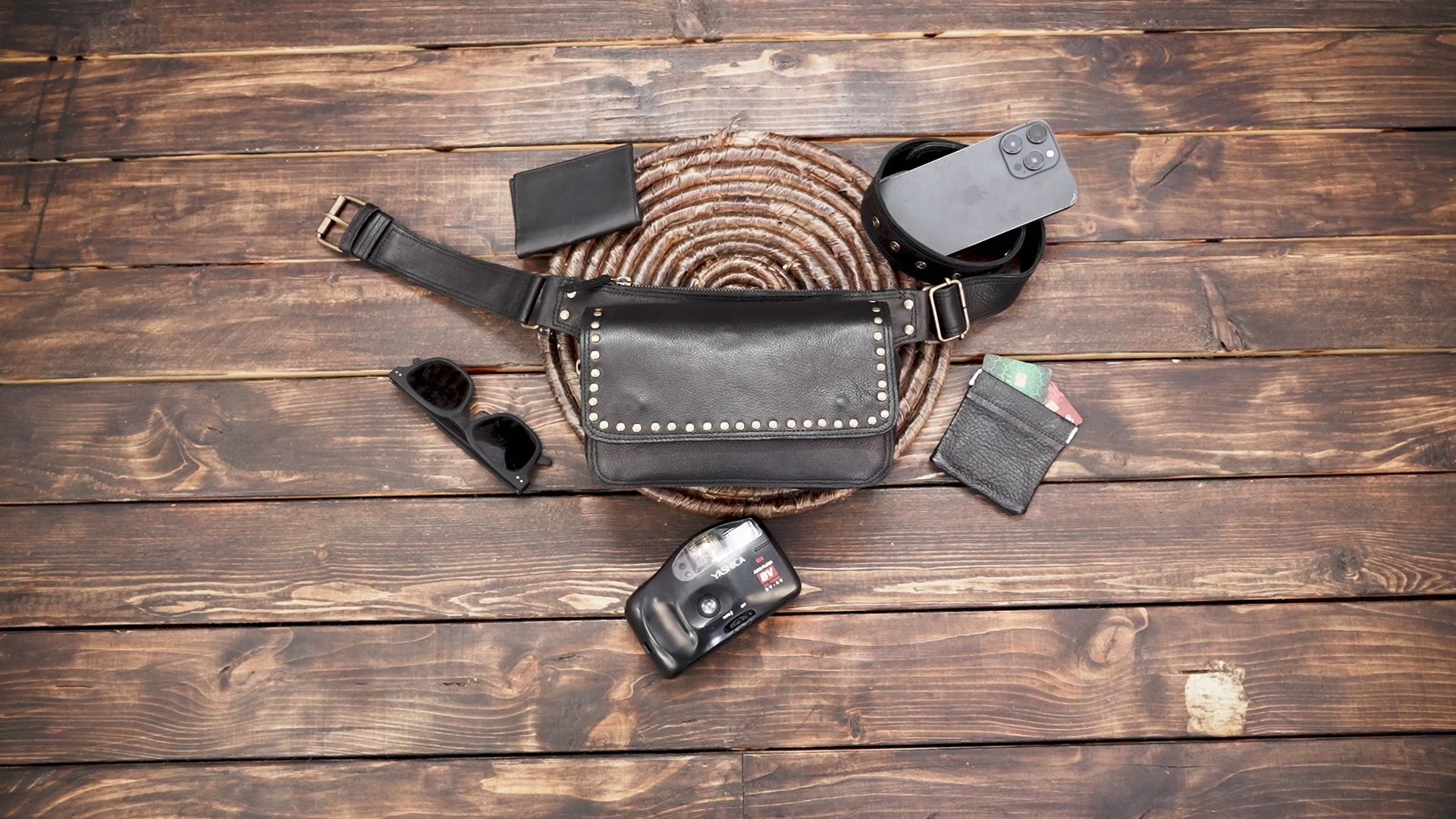 Gothic-style studded leather hip bag for alternative fashion