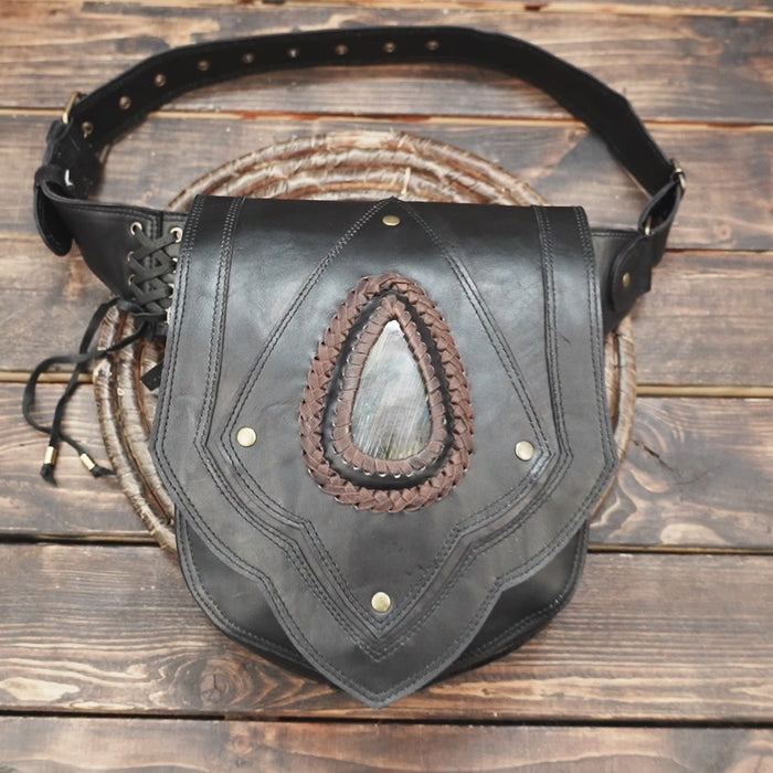 Artisan leather hip pouch with natural stone accent