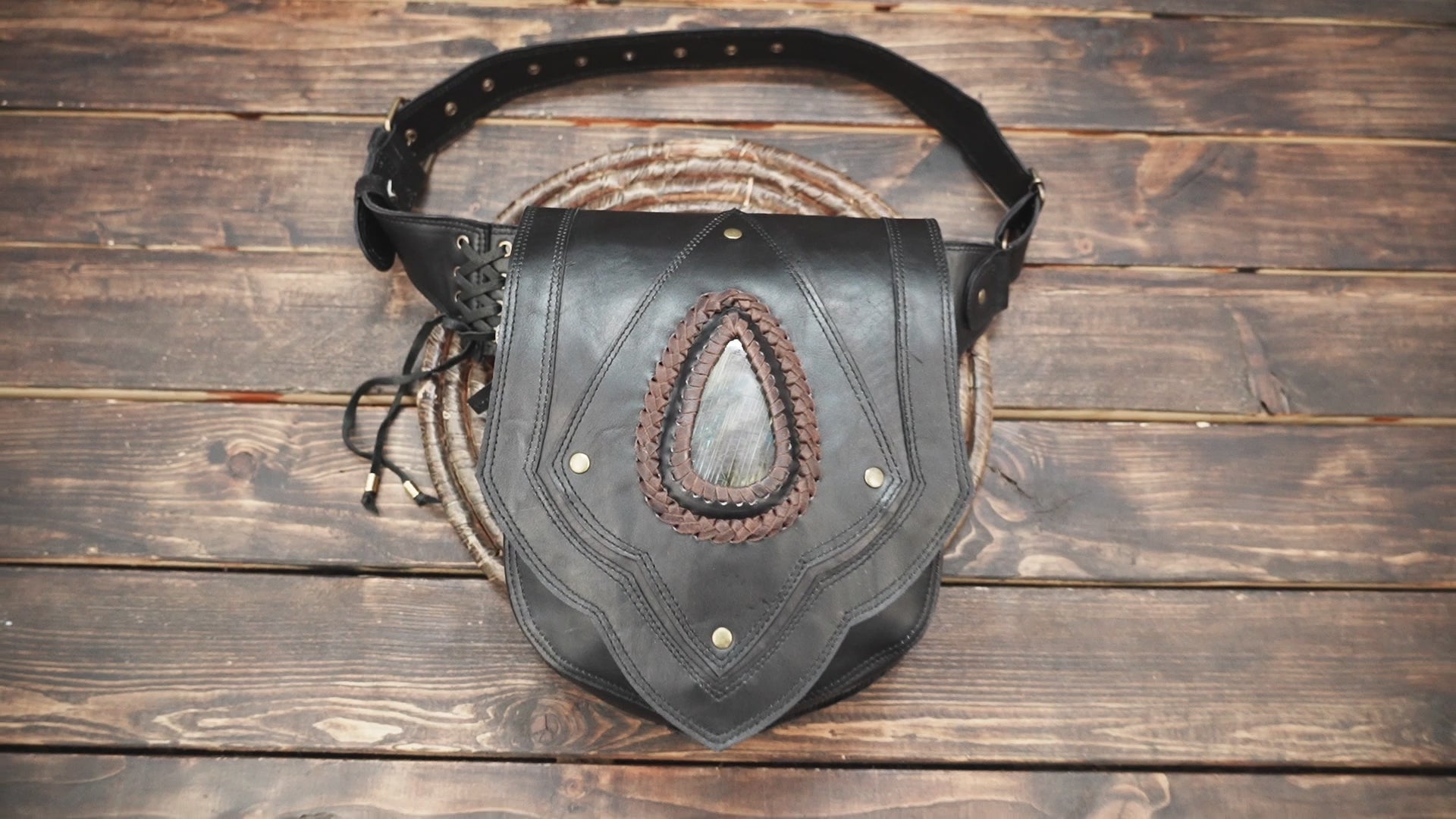 Artisan leather hip pouch with natural stone accent