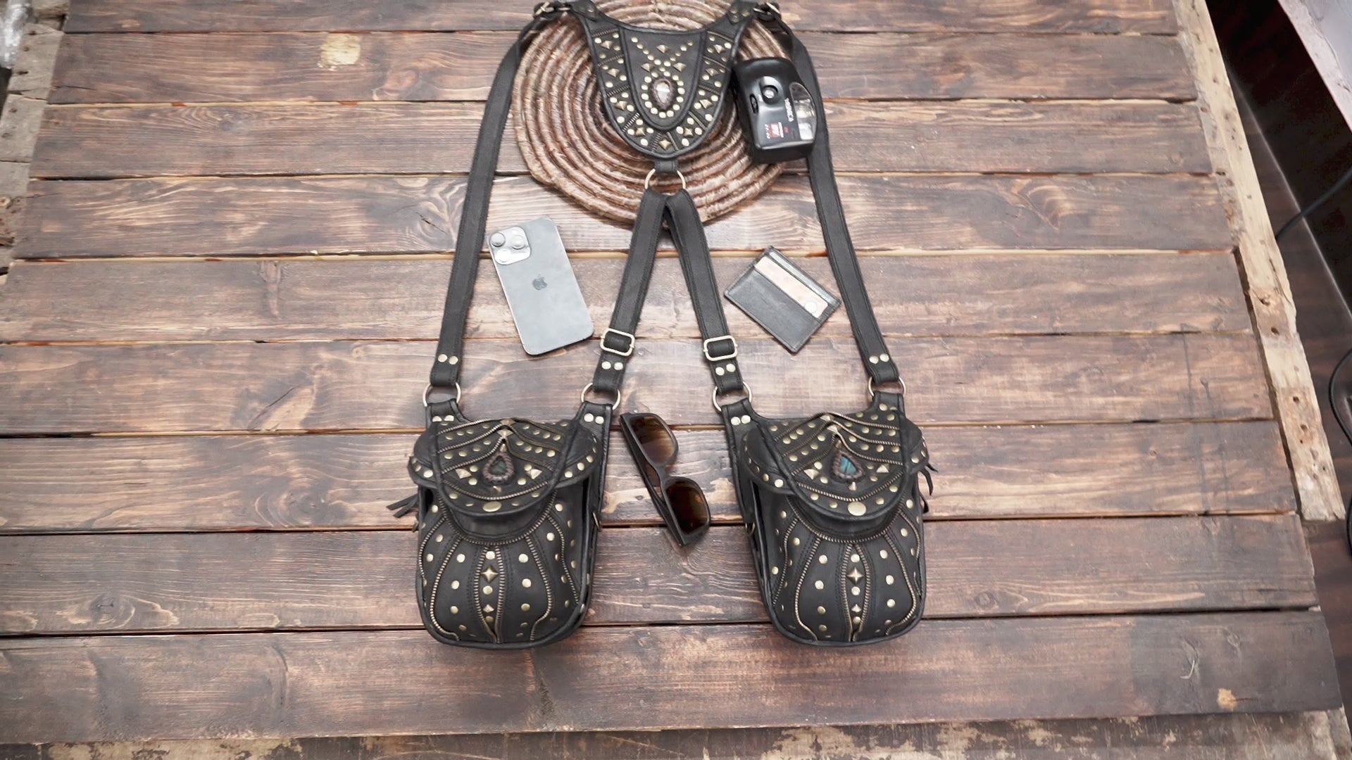 Handcrafted Leather Holster with Labradorite Stone Accents || Boho Style Leather Dual Pouch Holster with Gemstone Detail (LT-AB-HLS-6099)