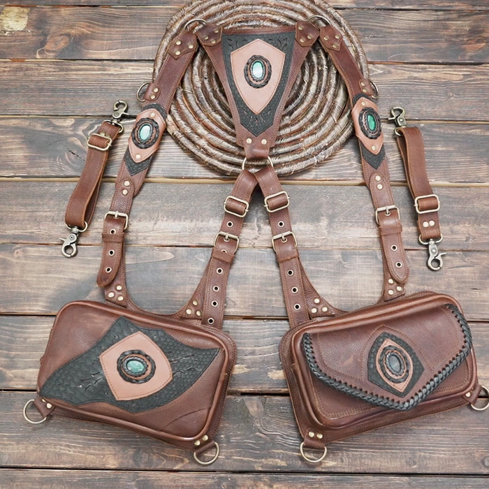 Close-up of gemstone detail on brown leather holster bag