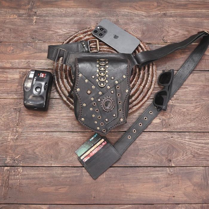Leather waist belt featuring decorative studs and front storage pouch