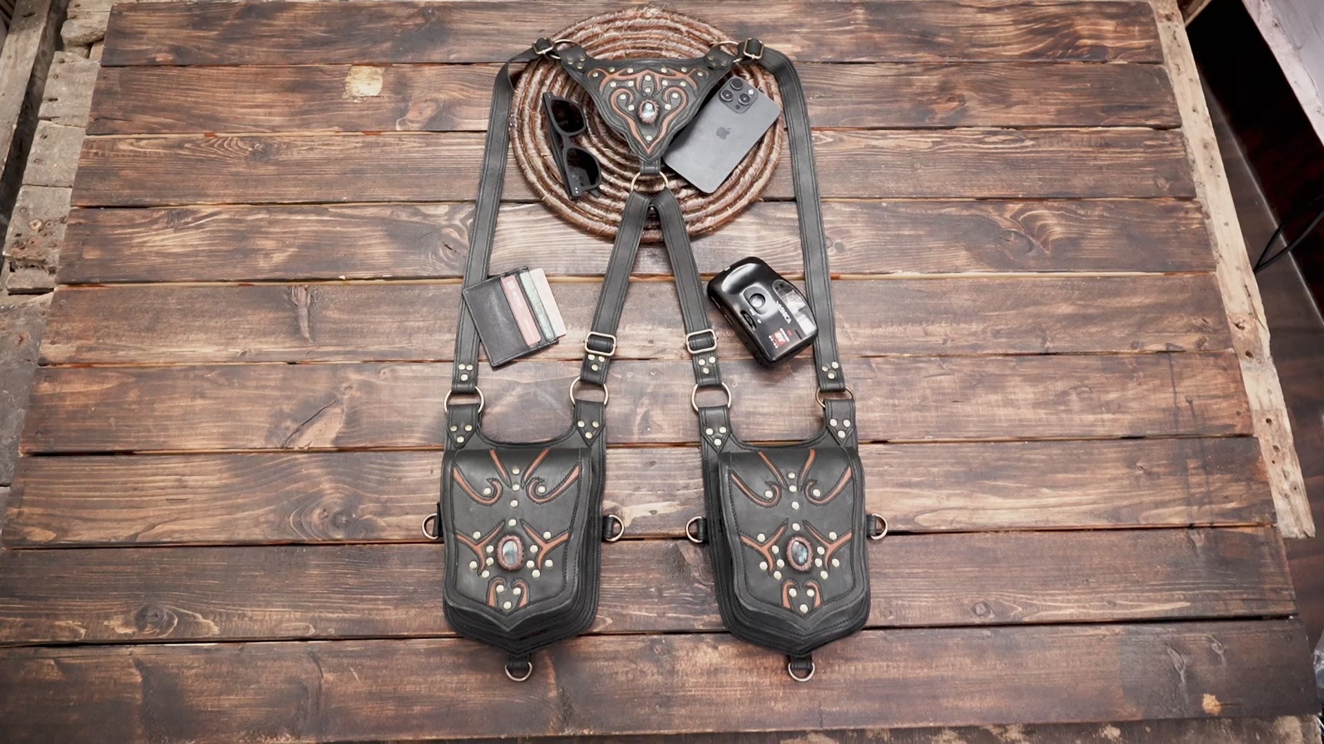 Buy Handmade Leather Holster Belt With Dual Utility Pouches, Steampunk Festival Leather Harness Belt with gemstone 