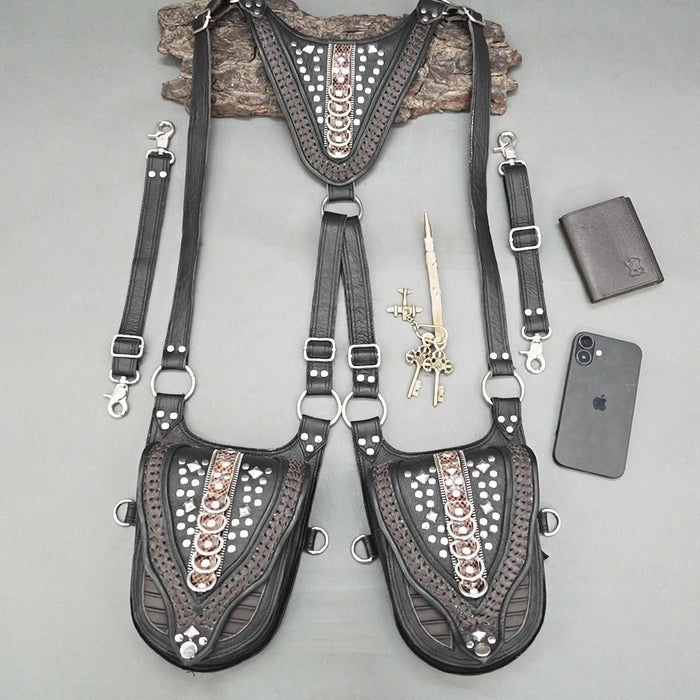 Handmade leather holster bag featuring embossed patterns and metal studs