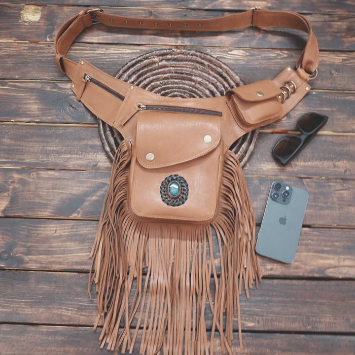 Boho leather waist belt bag with long fringe and utility pockets