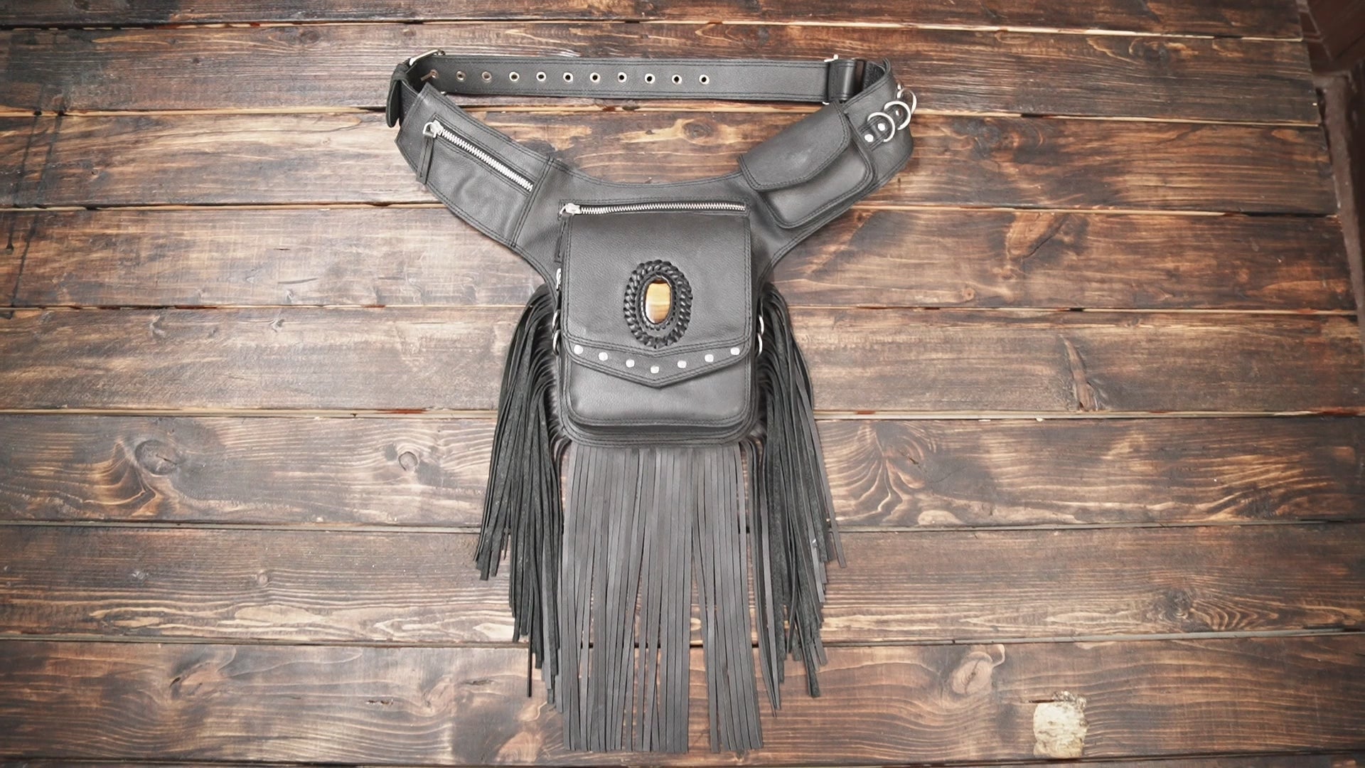 Buy Handmade Black Leather Fringe Waist Bag: Labradorite Gemstone Belt Pouch Online in usa 