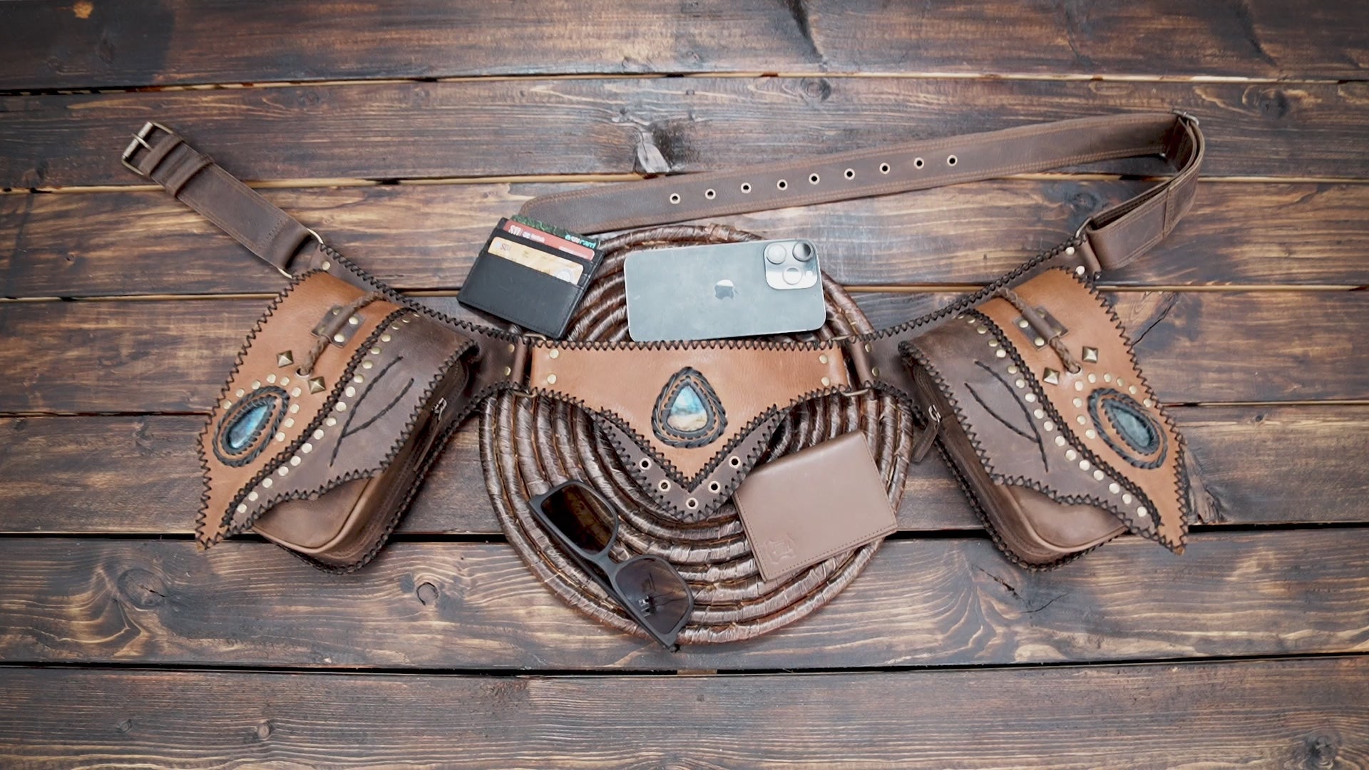 Handmade Leather Waist Belt with Utility Pouches || Boho Leather Waist Belt with Dual Pouches and Stone Detail (LT/AB/WB/6169)