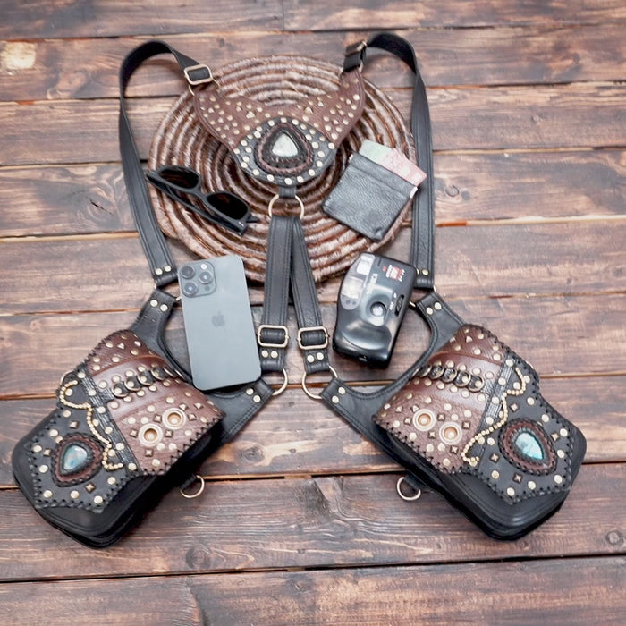 Dual pouch leather holster with adjustable shoulder straps