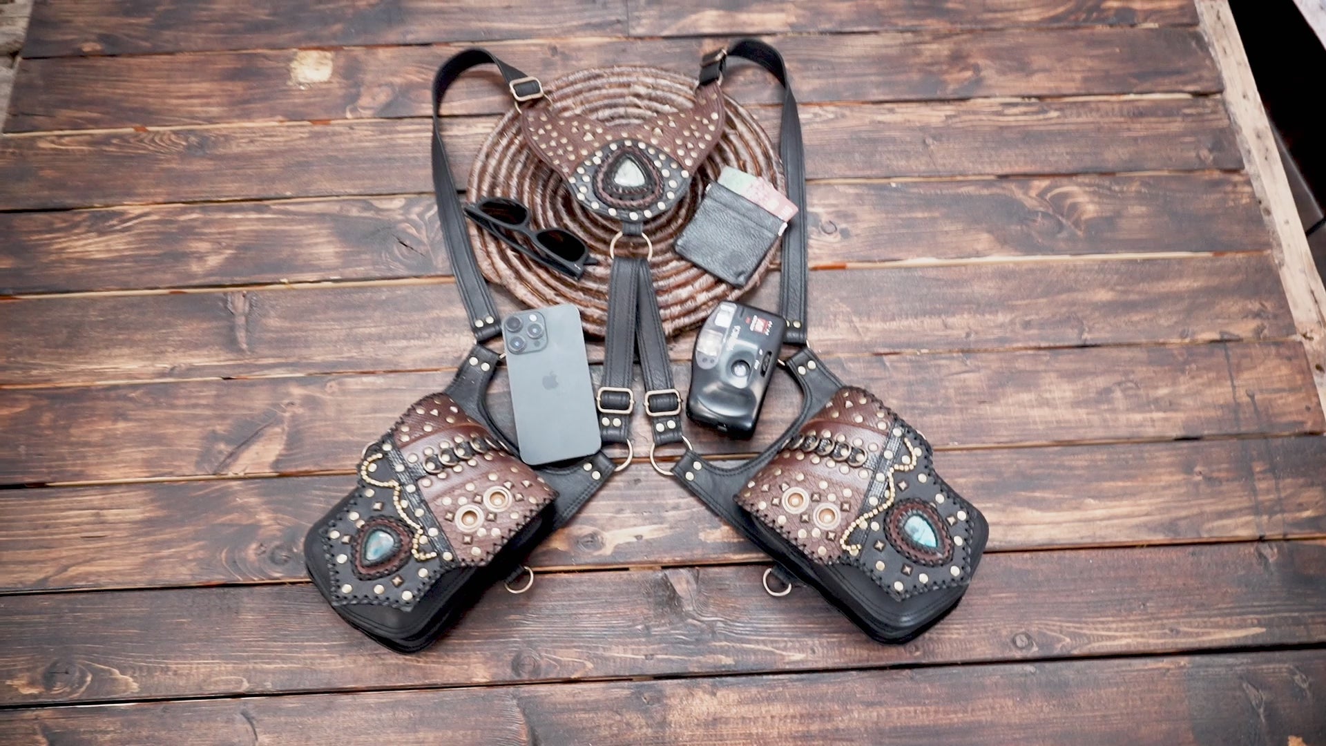 Dual pouch leather holster with adjustable shoulder straps