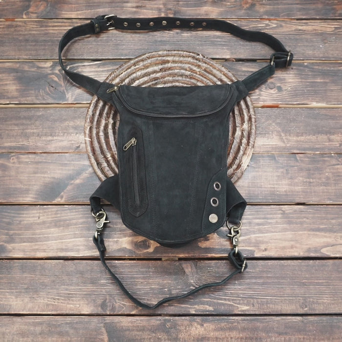 Leather thigh bag belt with adjustable waist strap and metal clips