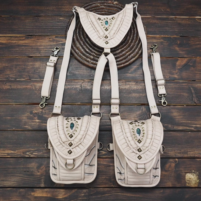 “Handcrafted cream leather festival holster with dual pouches and stone inlay”