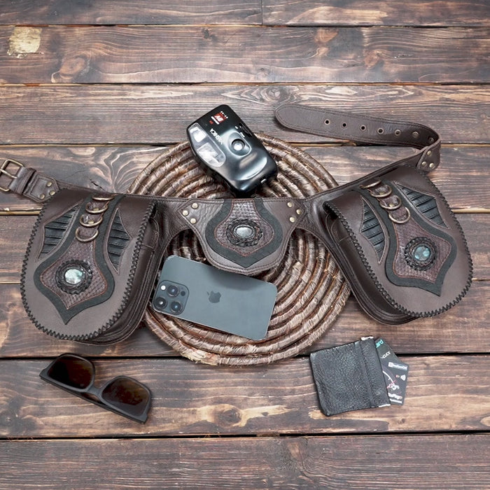 Brown Leather Waist Belt with Dual Pockets – Tribal, Gothic & Steampunk Holster