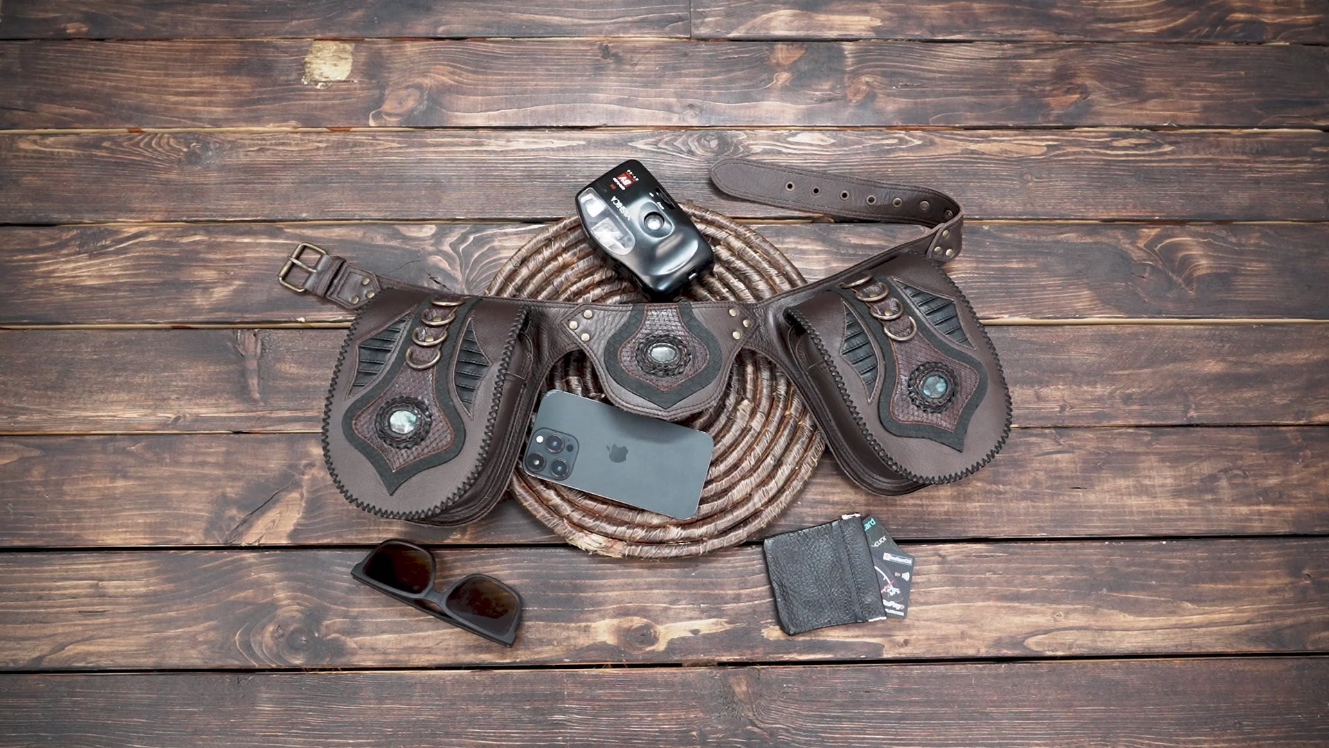 Brown Leather Waist Belt with Dual Pockets – Tribal, Gothic & Steampunk Holster