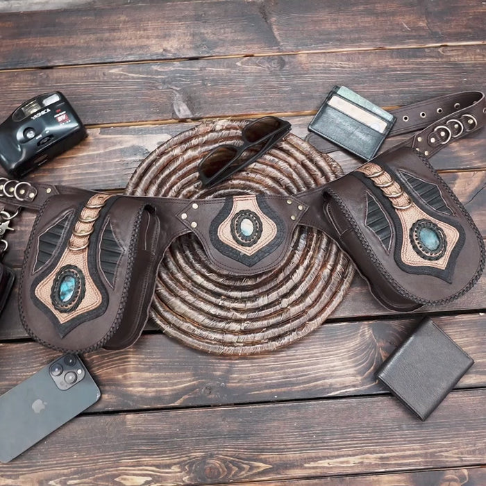 Western-style festival belt bag with handcrafted leather pockets