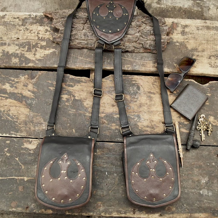 Genuine black and brown leather holster harness with decorative studs