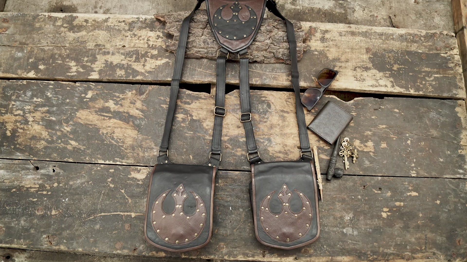 Genuine black and brown leather holster harness with decorative studs