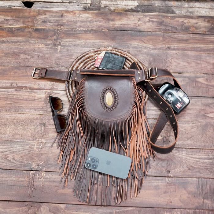 Boho festival hip pouch with long brown leather fringe