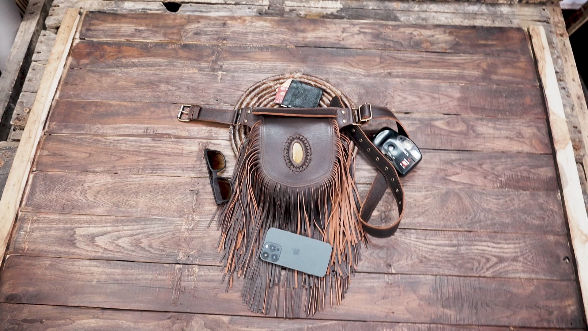 Boho festival hip pouch with long brown leather fringe