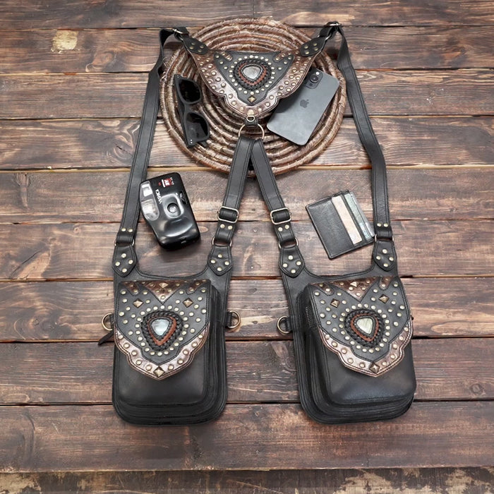 “Handcrafted leather utility holster featuring blue gemstone centerpiece and engraved detailing”