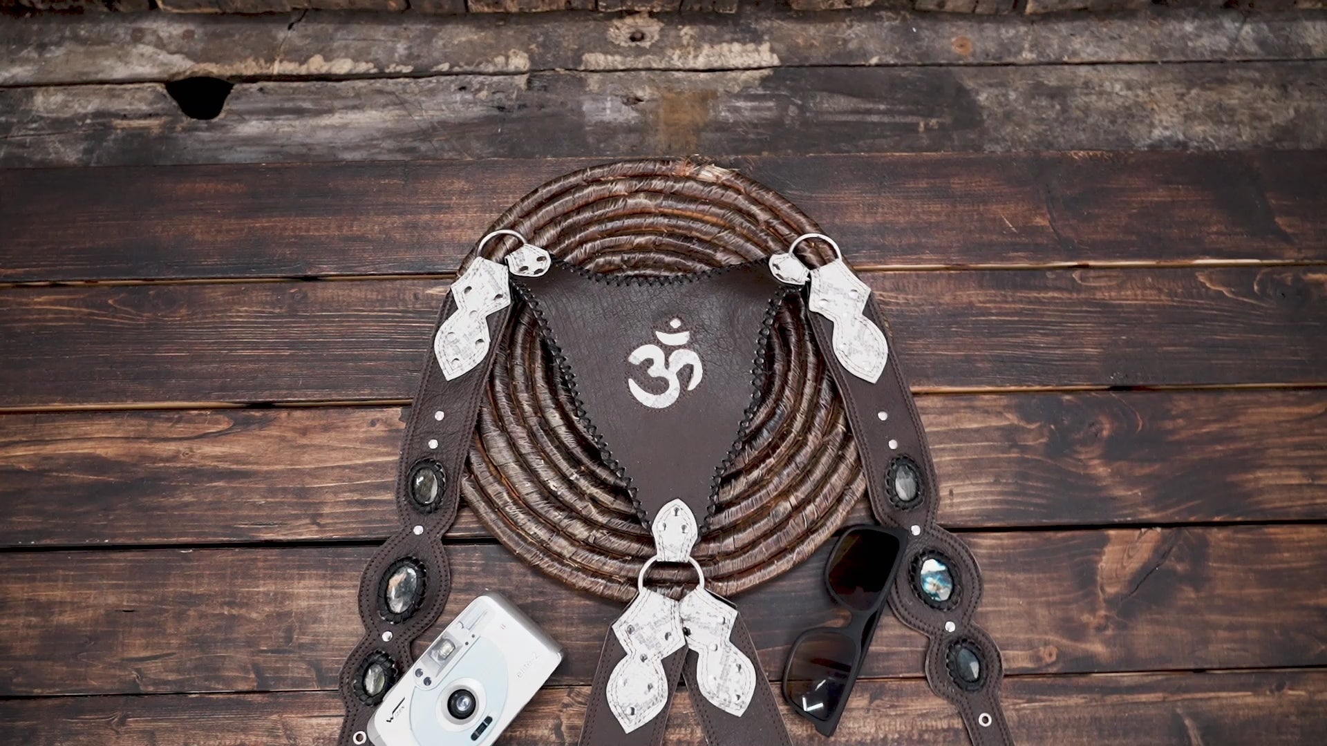 Festival-ready leather harness bag with Labradorite gemstone centerpiece