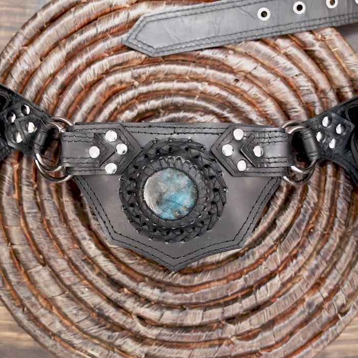 Handmade leather waist belt with gemstone detailed utility pouches